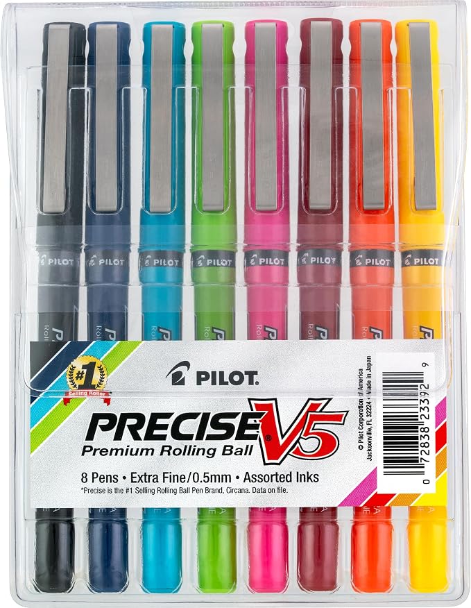 PILOT Precise V5 Extra-Fine Premium Rolling Ball Stick Pens, 0.5mm, Assorted Colors, 8 Count