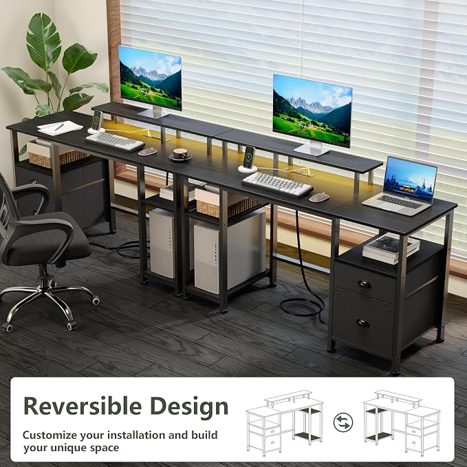 Furologee 51" Gaming Desk with Power Outlets & LED Lights, Reversible Computer Desk with File Cabinet & Monitor Stand for Home Office, Large Work Table with Storage Shelves & Drawer, Black