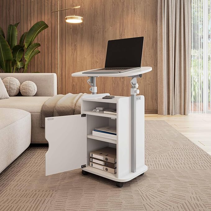 Techni Mobili Adjustable Laptop Cart w/Storage, Rolling Mobile Desk, White | Adjustable laptop cart with storage cabinet, shelf, locking wheels, sit‑stand height for home office, bedside, classroom