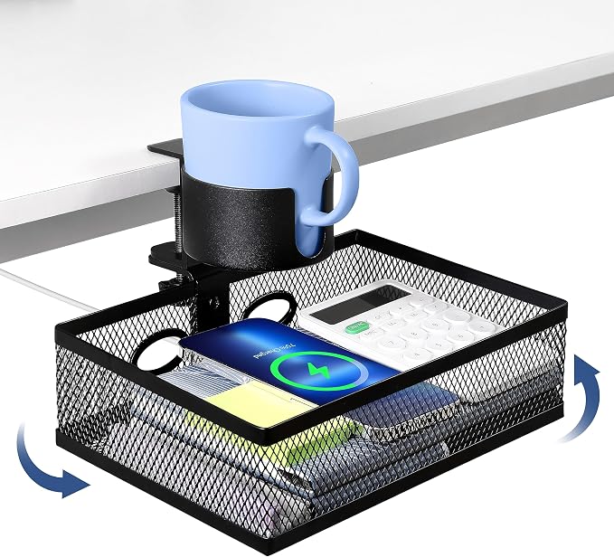 360 Rotating Under Desk Drawer Organizer with Cup Holder Clamp On Desk Drawer No Drilling Swivel Desk Tray Anti-Slip Small Pencil Drawer Under Desk Storage Easy Install for Home Office