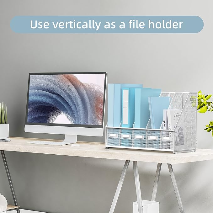 Desk Organizers Metal Desk Magazine File Holder with 5 Vertical Compartments Rack File Organizer for Office Desktop, Home Workspace, White (Pack of 2)