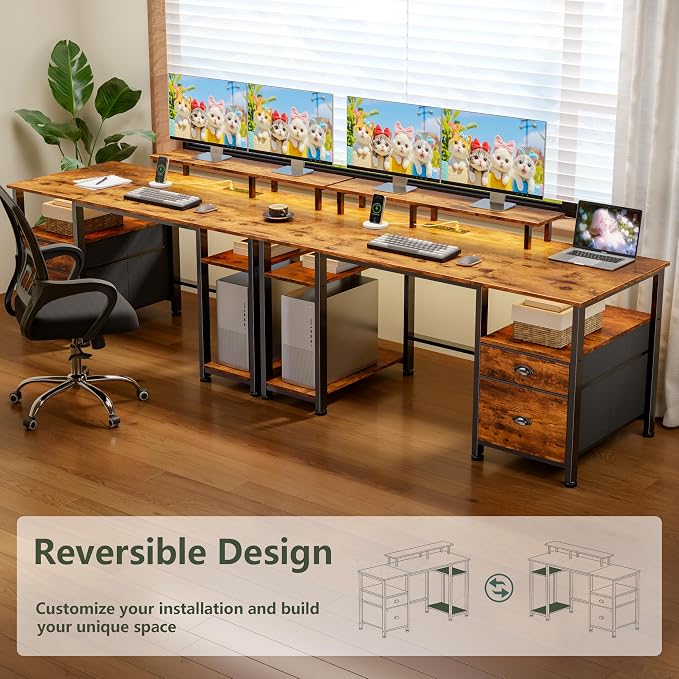 Furologee 51" Computer Desk with Outlets & LED, Desk with Drawers, Brown | Reversible Computer Desk for Office, AC Outlets & USB, Drawer & File Cabinet, Ergonomic Monitor Stand, Adjustable Shelf