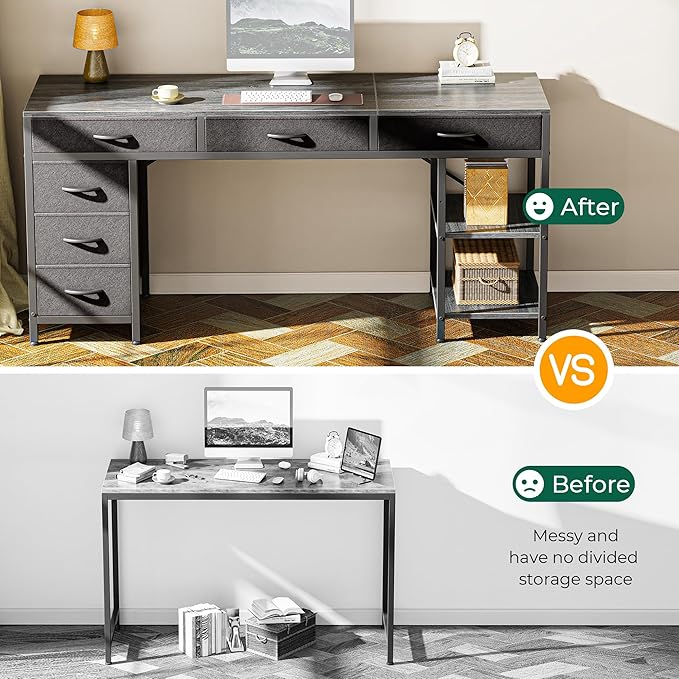 Huuger Computer Desk with 6 Drawers, Office Desk with Shelves, Reversible Gaming Desk, Corner Desk with Storage, Work for Home Office, Study, Living Room, 63inch, Grey
