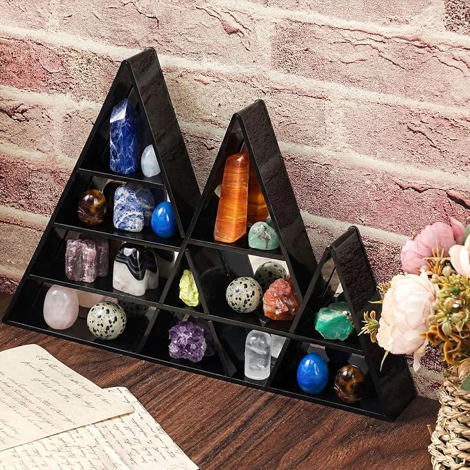 Cinnvoice Rock Display Case 30 Grids,Black Border, Mountain Style | Adjustable Acrylic Display Case, Crystal Organizer for Collectible, with Built-in Mirrored, Magnetic Door, Wall Mount