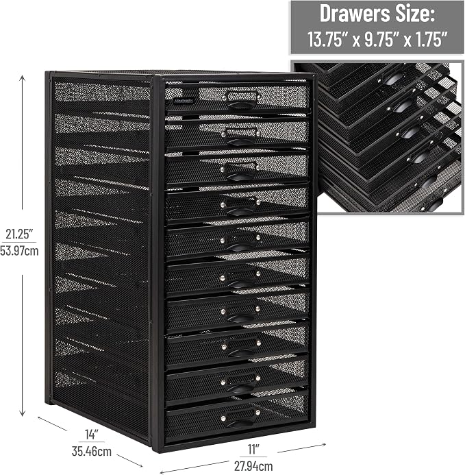 Mind Reader 10-Drawer Desk Organizer for Office Supplies, Crafts, Mail Sorting & More, Metal Mesh, Black