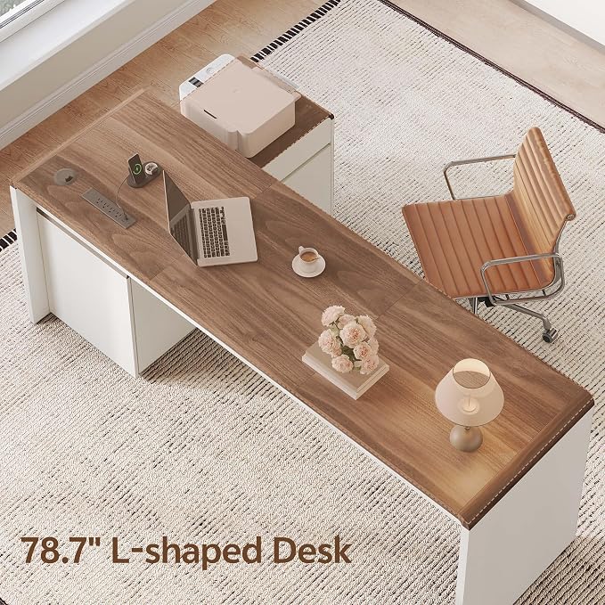 78" L-Shaped Desk with Mobile File Cabinet, White & Walnut | Mid-Century Executive L-Desk with Mobile File Cabinet, Drawers & Power Hub (4AC+2USB) Waterfall Edge. For Home Office
