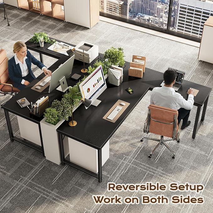 Huuger 63 Inch L Shaped Desk with Power Outlets & 0.95 Inch Thicker Desktop | Reversible Computer Desk, Larger Office Corner Gaming Desk, Metal Frame, for Home Office, Study, Black