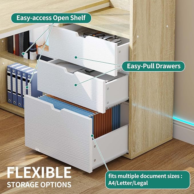 YITAHOME 55" L Shaped Corner Computer Desk with Drawers & Power, White Oak | Corner Desk with Drawers, Bookshelf, L Shaped Desk with Power Outlets, LED Lights, File Cabinet, for Home Office