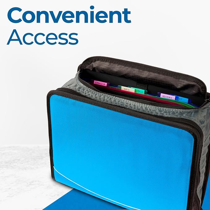 Case-it School Zipper Binder | 3" O-Rings | 600-Sheet | D-146 Denim Blue | Mighty Zip Tab, 5-Color Tab Expanding File Folder, Shoulder Strap, Handle, Office