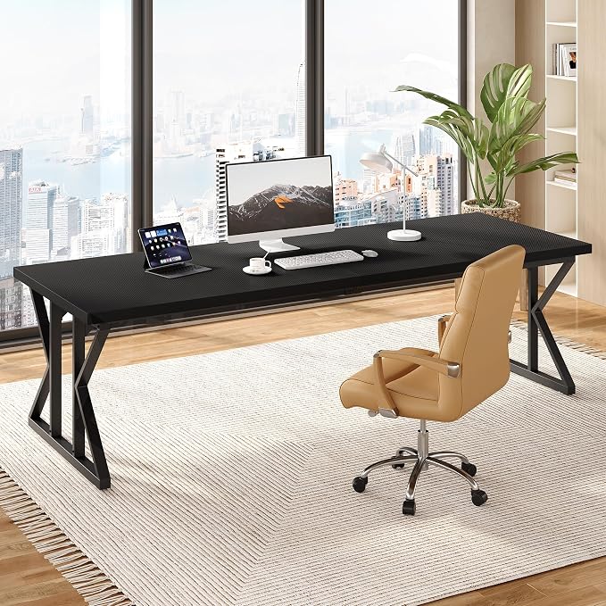 LITTLE TREE 78.7 Inch Large Executive Desk, Extra Long Computer Office Desk Workstation, Modern Simple Style Laptop Table, Sturdy Wooden Writing Workstation for Home Black