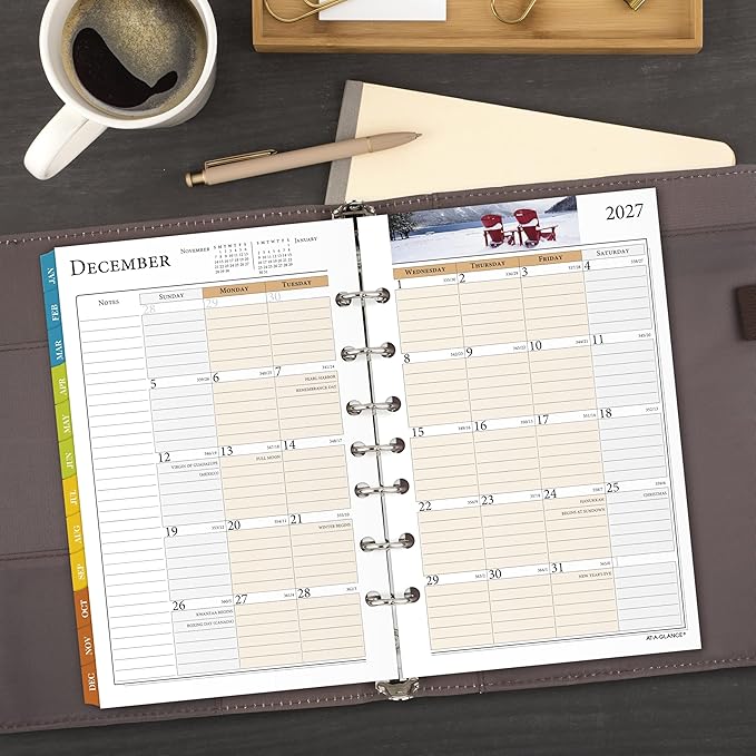 AT-A-GLANCE 2027 Planner Refill Daily & Monthly, 5.5" x 8.5", Desk Size 4, Two Page Per Day Refill, 7-Ring Loose-Leaf, Zenscapes (281-225-27)