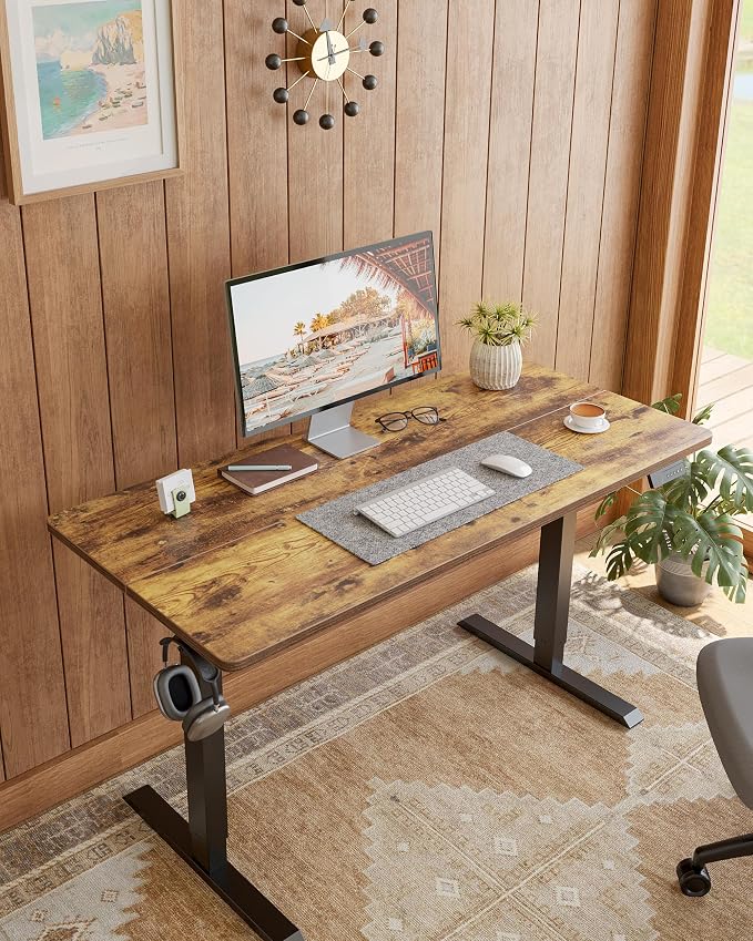DESINO Standing Desk, 55 × 24 Inches Electric Height Adjustable, Sit and Stand Up, Computer Office Desk with Splice Board, Black Frame/Rustic Brown TOP