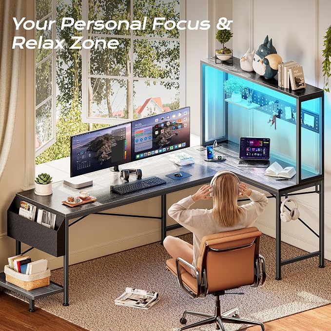 L Shaped Gaming Desk with LED Lights & Power Outlets | Reversible Computer Desk with Storage Shelves & Bag, Large Corner Home Office Desk with Pegboard for Work from Home, Grey