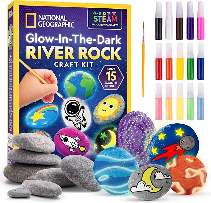 National Geographic Glow-in-the-Dark Rock Painting Craft Kit for Kids | 15 River Rocks, 15 Paint Colors, Glow Paints, Brushes and Art Supplies, Kids Craft Activity, Creative Birthday Gift