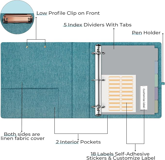 EYROZILL 3 Ring Binder 2 Inch, Binder for Letter Size (11" x 8.5") with 5 Tab Dividers, File Folder Labels and Low Profile Clipboards, Lavender Blue