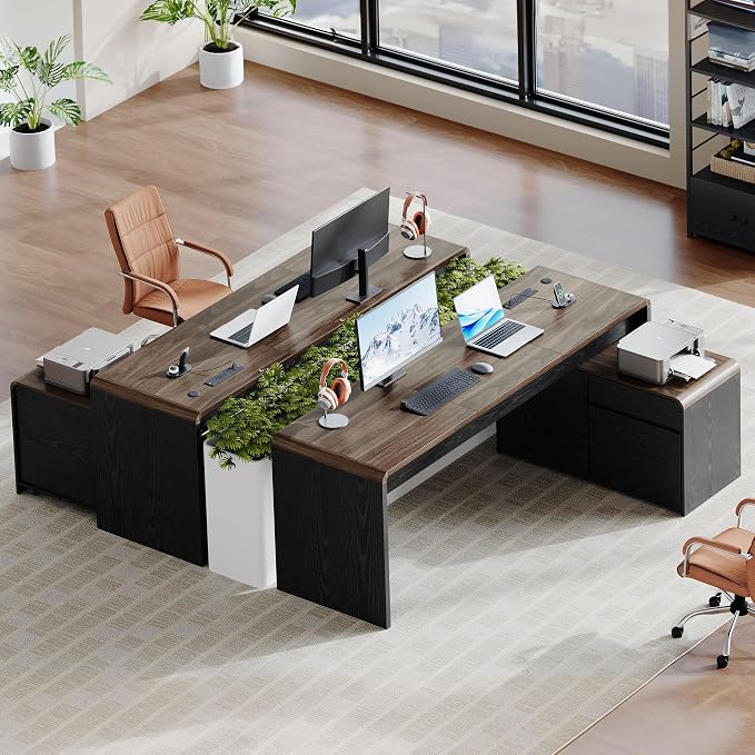 78" L-Shaped Executive Desk with Mobile File Cabinet, Black | Mid-Century L-Desk with Mobile File Cabinet, Drawers & Power Hub (4AC+2USB) Waterfall Edge. Large Workspace for Home Office