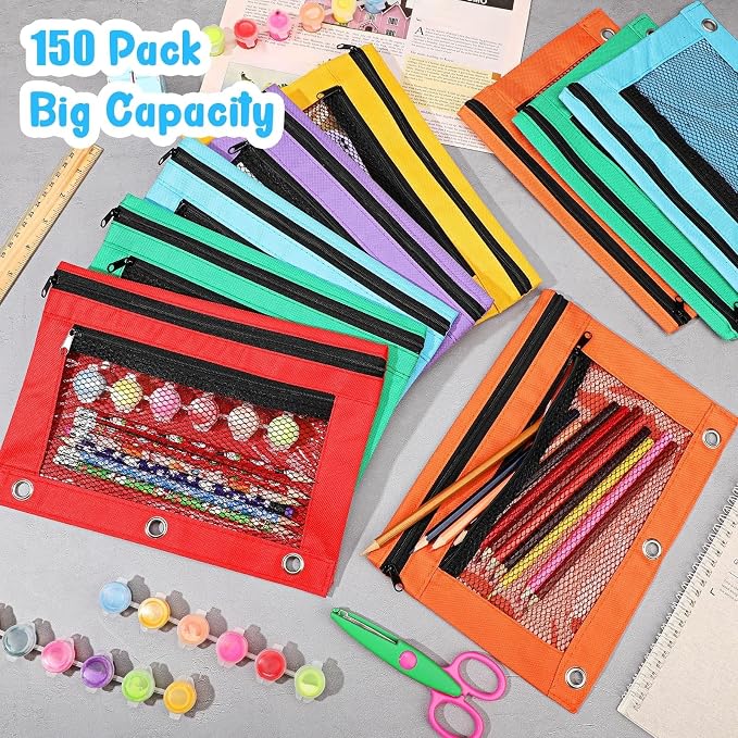Zhehao 20 Pcs Pencil Pouch 10.24 x 7.28 Inch 3 Ring Binder Zipper Pouches Pencil Bags with Mesh Window Binder Pencil Case for Office School Students Supplies (Multicolor)
