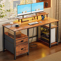Furologee 51" Computer Desk with Outlets & LED, Desk with Drawers, Brown | Reversible Computer Desk for Office, AC Outlets & USB, Drawer & File Cabinet, Ergonomic Monitor Stand, Adjustable Shelf