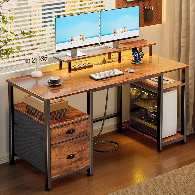 Furologee 51" Computer Desk with Outlets & LED, Desk with Drawers, Brown | Reversible Computer Desk for Office, AC Outlets & USB, Drawer & File Cabinet, Ergonomic Monitor Stand, Adjustable Shelf