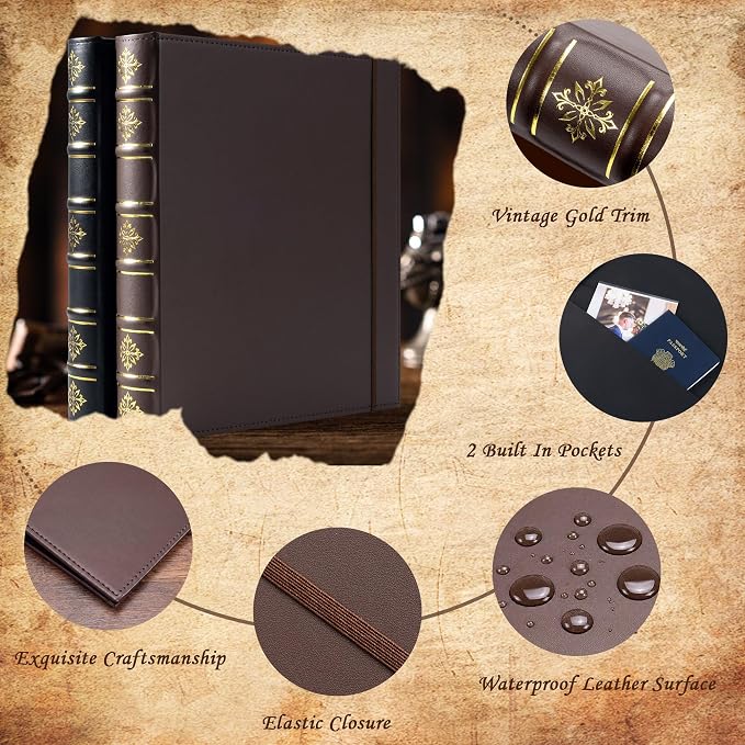 Ospelelf Vintage 3 Ring Binder 1 Inch, Leather Hardback D Ring Binder with Pockets and 5 Tab Dividers, Book Style Document Organizer Fits Letter Size for Home and Office Brown