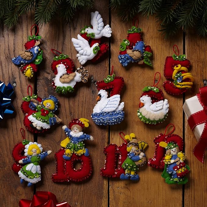 Bucilla Felt Applique 12 Piece Ornament Making Kit, Twelve Days of Christmas, Perfect for DIY Arts and Crafts, 89446E