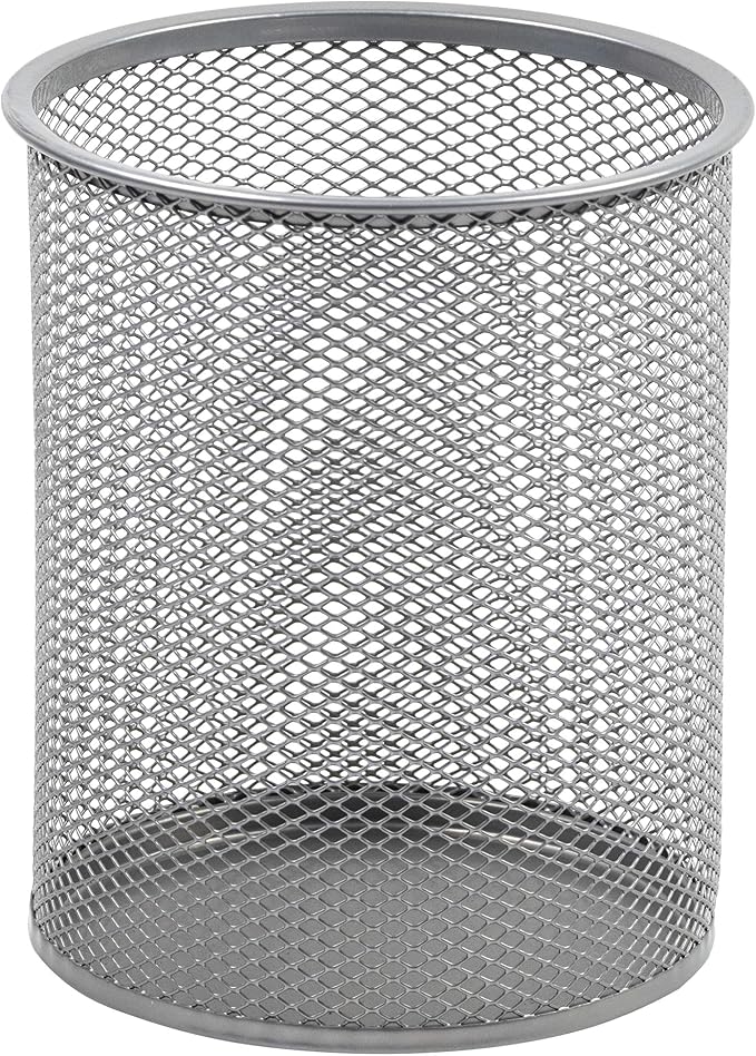 Office Round Desk Steel Mesh Pencil Cup Pen Holder Silver, 2210