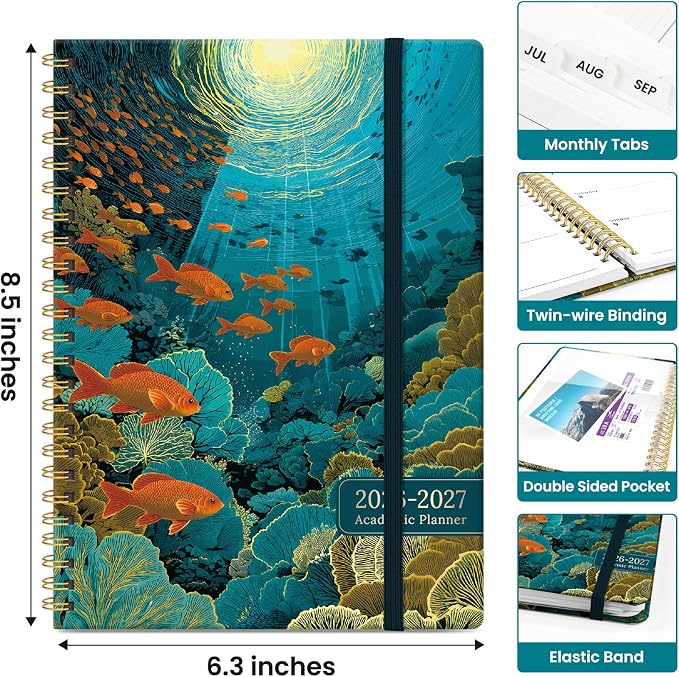 Taja Planner 2026-2027, Jul 2026-Jun 2027 Monthly & Weekly Calendar Planner | 6.3" x 8.5", Hardcover Academic Calendar, Teacher Student Agenda Book with Tabs, School Office Supplies, Golden Currents
