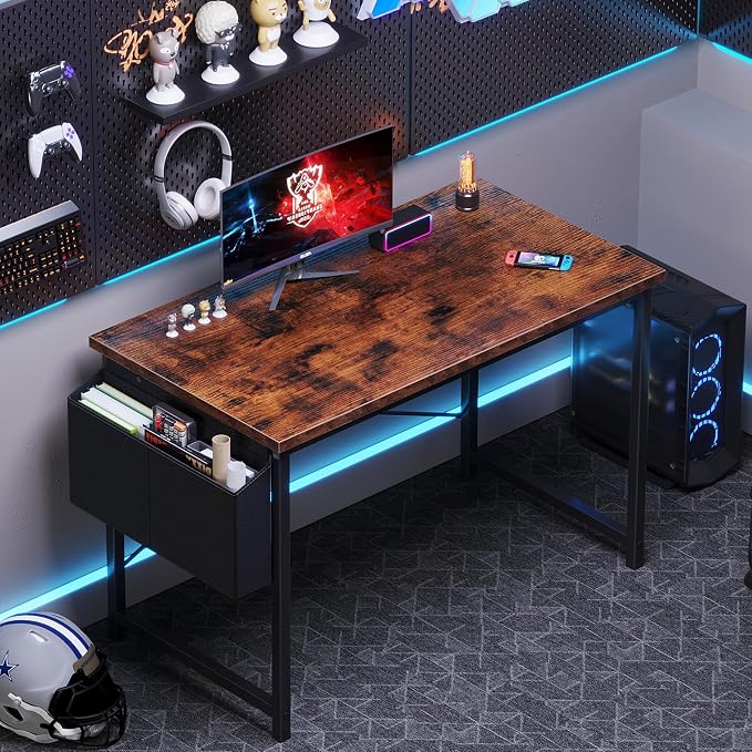 OLIXIS Computer Desk, 44 Inch Gaming Desks for Home Office Small Spaces | Writing Study Craft Work Table, Computer Workstation for Bedroom with Storage Bag, Rustic Brown