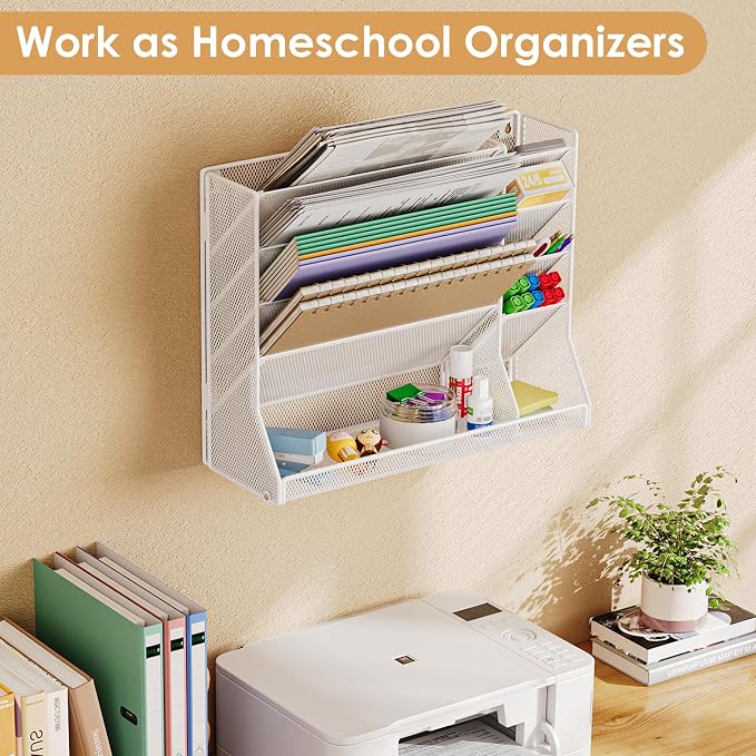 Jakyitvi Adjustable 5 Tiers Wall File Organizer Metal Hanging Holder White | 5 tiers desk paper organizer, folder holder wall mount, mail organizer for home office, hanging document tray