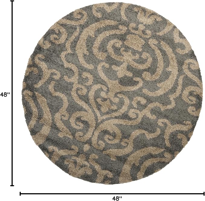 SAFAVIEH Florida Shag Collection 4' x 4' Round Grey/Beige SG462 Damask Non-Shedding Living Room Bedroom Dining Room Entryway Plush 1.2-inch Thick Area Rug