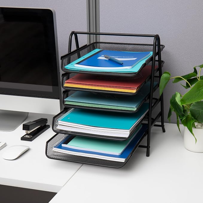 Mind Reader 5-Tier Paper Tray Organizer, Vertical Desktop File Storage Rack, Office, Metal Mesh, Black (Pack of 6)