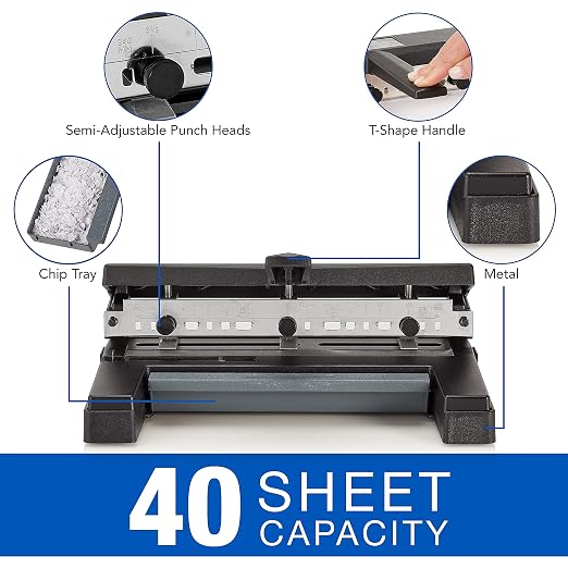 Swingline 3 Hole Punch Heavy Duty, 40 Sheet Capacity Three Hole Puncher 3 Ring, Adjustable 2-4 Hole Paper Punch, Black (74450)