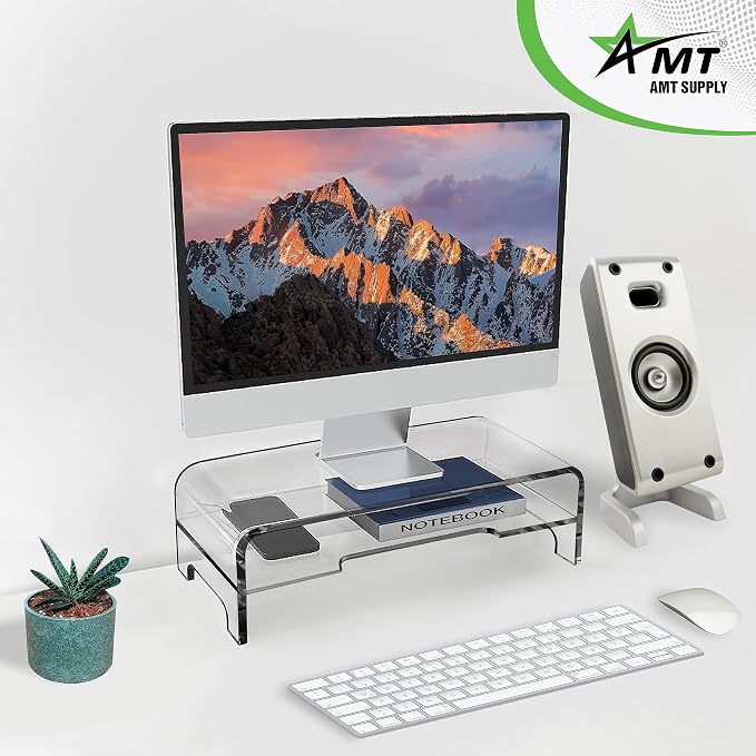 AMT Clear Acrylic Monitor Stand Riser 2 Tier, 5.5 Inches High Clear Computer Desk Organizer Shelf for Multi Media PC Storage Laptop