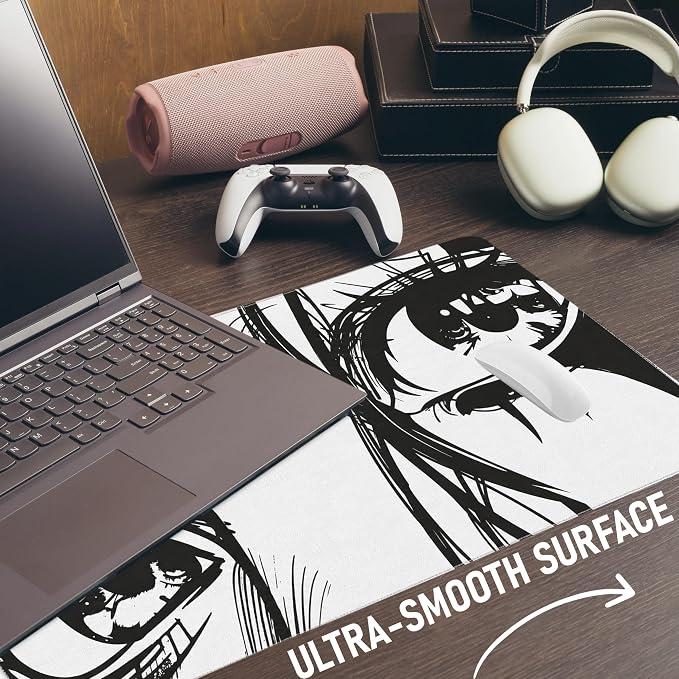 XL Anime Mouse Pad, Black and White Manga Eyes Desk Mat 31.5x15.7 in – Large Aesthetic Gaming Desk Pad with Non-Slip Rubber Base, Stitched Edges & Waterproof Cloth Surface