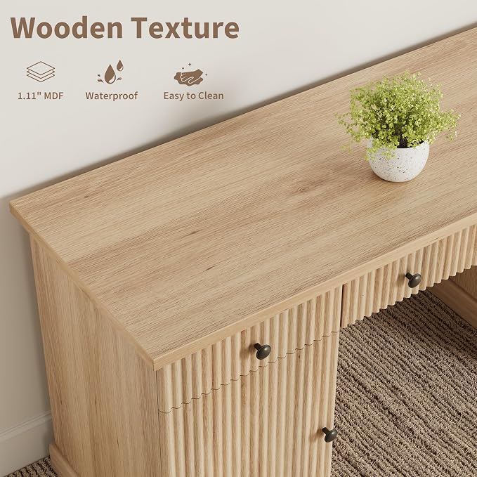 IDEALHOUSE Modern 60" Executive Office Desk with Fluted Details & Charging Station - Wooden Computer Desk with File Drawers, Home Office Storage Desk for Study, Living Room or Bedroom, Burlywood