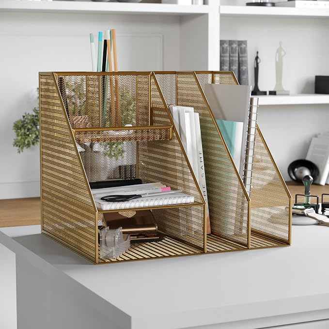 Martha Stewart Ryder Mesh Metal Magazine File Holder, Gold | Steel Mesh, Gold Finish