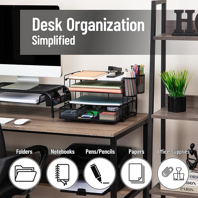 Mind Reader Mesh Desk Organizer, 3 Trays, 1 Drawer, 2 Pen Holders, Office Desktop Organizer, Metal Mesh, Black