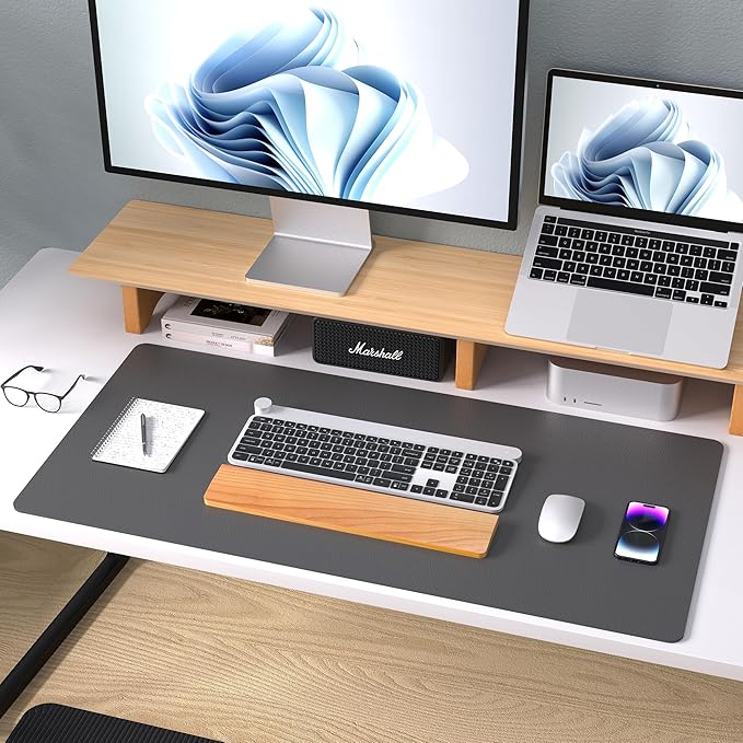Aothia Leather Desk Pad Protector, Mouse Pad, Office Desk Mat, Non-Slip PU Leather Desk Blotter, Laptop Desk Pad, Waterproof Desk Writing Pad for Office and Home (Gray,23.6" x 13.7")