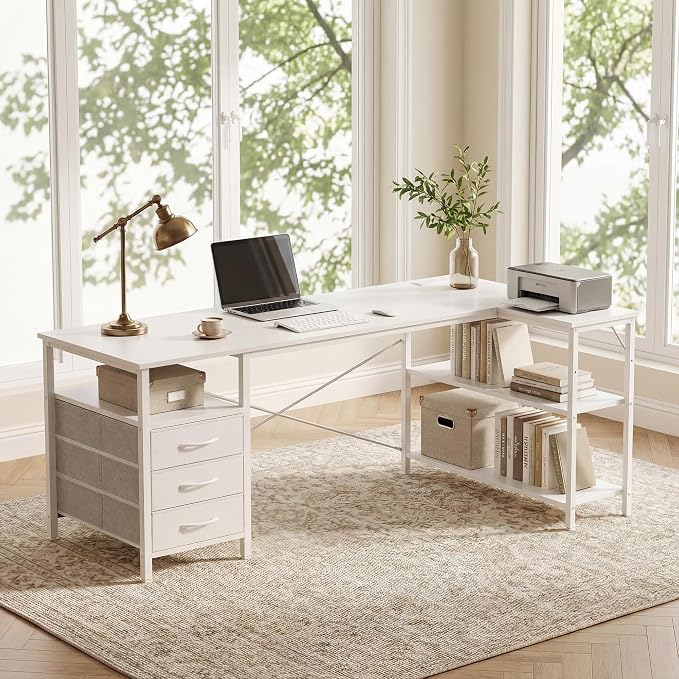 Alpen L Shaped Gaming Desk with Power Outlets, 55 Inch Computer Desk with 3 Drawers and Shelves, Corner Desk for Gaming, Study Writing PC Table with Storage and Reversible Shelf, White