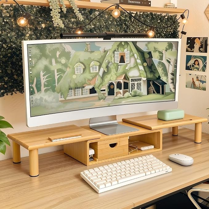 Dual Monitor Stand Riser with Drawer for Desk Laptop | Desk Shelf with Adjustable Length and Angle, Bamboo Computer Stand Riser for 2 or 3 Monitors Screen Laptop PC TV -Natural