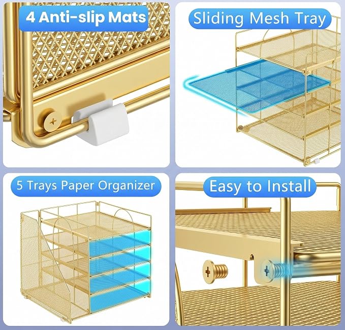 Desk Organizer, 5-Tier Paper Organizer Letter Tray, Gold | Desk Organizers and Accessories, Office Desk Accessories & Workspace Organizers, Desktop File Organizer for Office Supplies