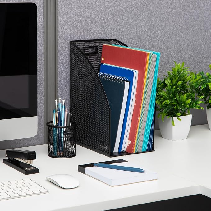 Mind Reader Vertical File Storage, Desktop Organizer, Workspace, Office, Metal Mesh, 6.25" L x 10" W x 12.5" H, Black (Pack of 4)