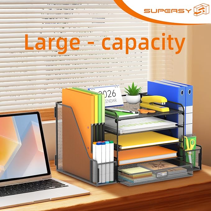 Mesh Desk Organizer with File Holder, 5-Tier Paper Letter Tray Organizer with Magazine Holder, Desktop Organizer and Storage with Drawer for Office Supplies Home or School (Black) | Two side magazine holders and a bottom drawer store papers, folders, n...