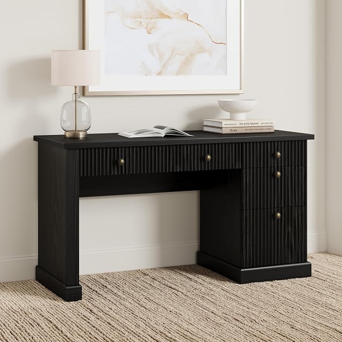 Garvee 54" Fluted Home Office Desk with File Drawer for Home Office | Modern Executive Desk with Charging Station, Wooden Computer Writing Desk for Study Room, Black