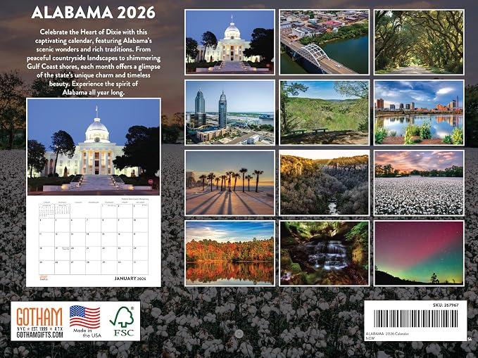 Alabama Calendar 2026 Wall 12 Month Monthly AL Scenic Souvenirs Themed Gifts | American Made In The USA