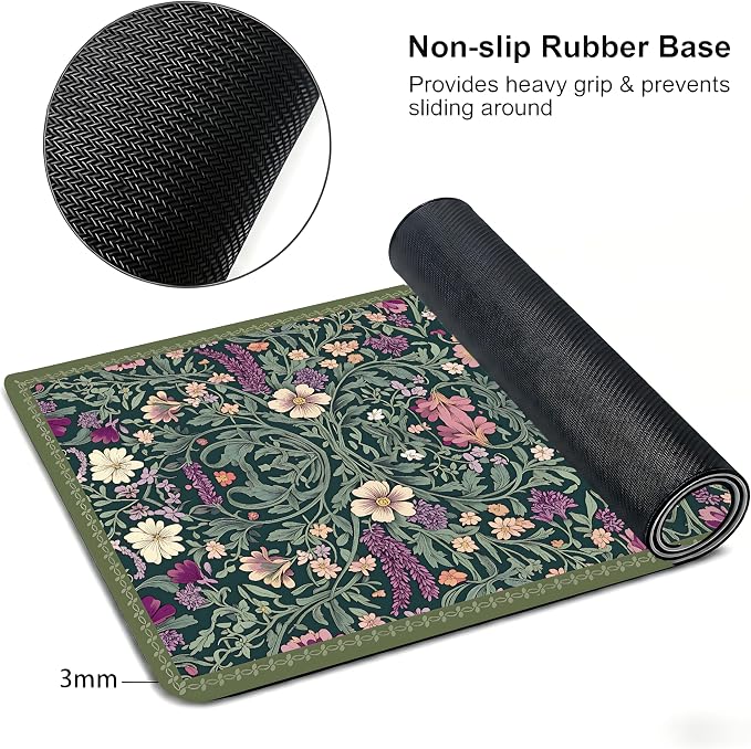 Cute Floral Aesthetic Lavender Gaming Mouse Pad, Dark Green Rug Desk Mat with Anti-Slip Base & Stitched Edges,35.4" x 15.7" in Table Mat for Computer Desktop, Beautiful Workstation Decor