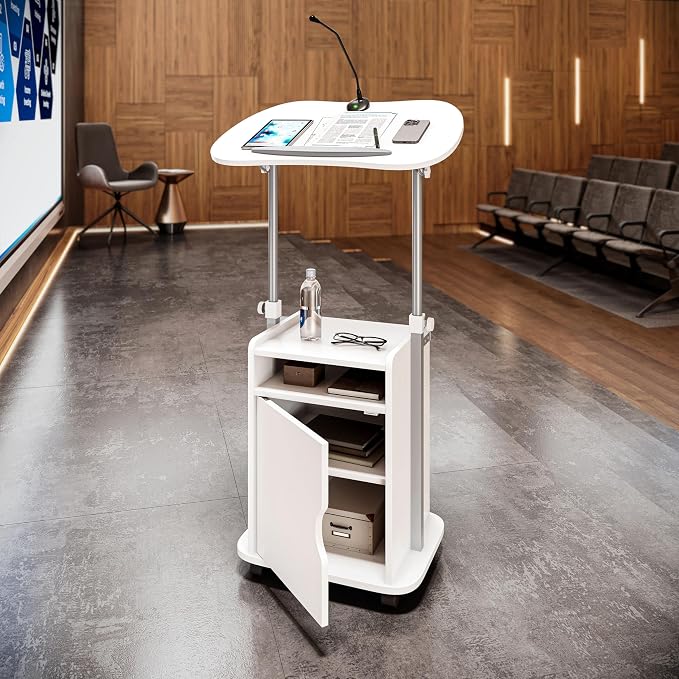 Techni Mobili Adjustable Laptop Cart w/Storage, Rolling Mobile Desk, White | Adjustable laptop cart with storage cabinet, shelf, locking wheels, sit‑stand height for home office, bedside, classroom