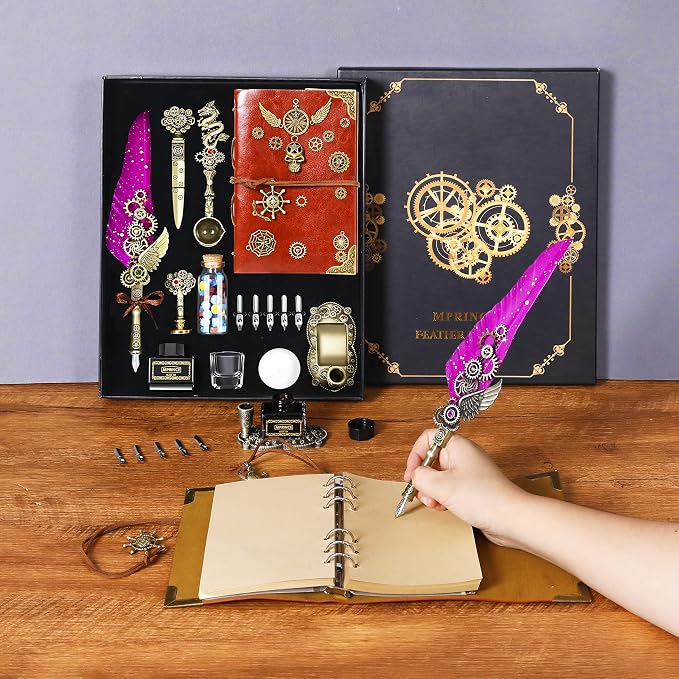 Aifeiter Quill Pen and Ink Set With Quill and 5 Replaceable Nibs,Seal Stamp,Spoon,Wax Beads,White Wax,Pen Holder, Cup,Envelope,Letter Paper,Envelope Tool(purple)