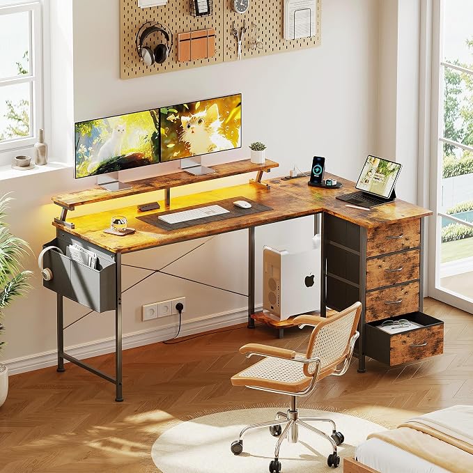 VERMESS 63" Reversible L Shaped Gaming Computer Desk, Corner Desk with Power Outlets & Monitor Stand, Writing Study Table with 4 Storage Drawers, Desk with LED Lights, Rustic Brown