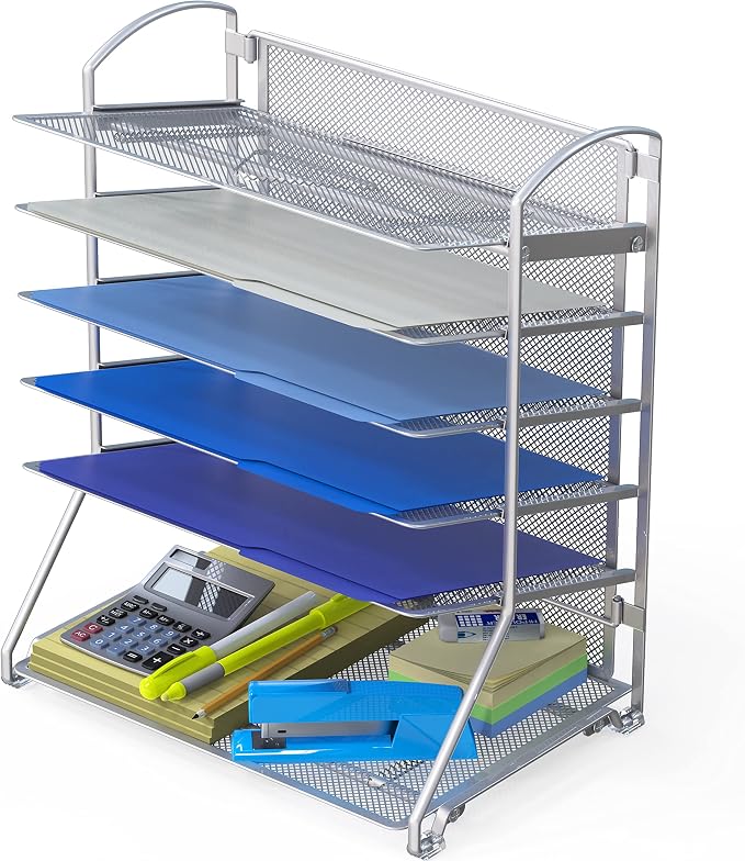 Simple Houseware 6-Tier Desk Organizer & Sliding Paper Tray, Silver | Space-Saving Desktop Letter Tray for Document, Files and Mail Sorting